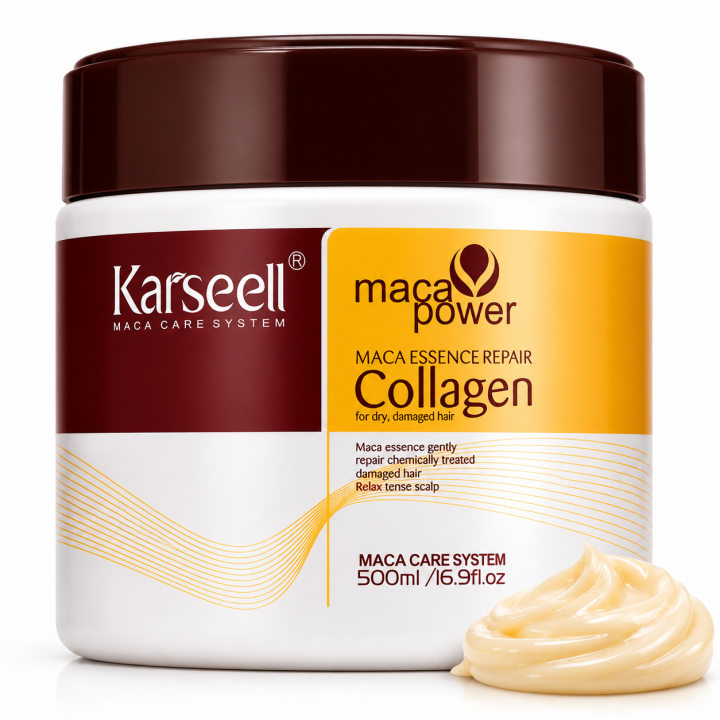 KARSEELL Mascarilla Pelo Máscara Capilar Reparación Profunda Cabello Seco y Dañado Colágeno Aceite de Argán Antifrizz Acondicionador Maca y Ácido Hialurónico Alisado Hidratación Intensa Todo Tipo de Cabello 500 ml.