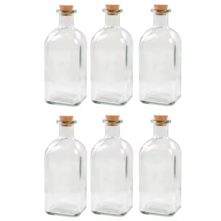 Tradineur - Pack de 6 botellas de cristal, frascas con tapón de corcho, recargable, con diseño tradicional, capacidad 1 litro, licores, vino, aguardiente - 1
