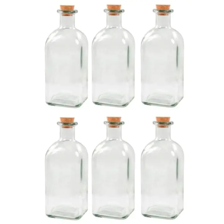 Tradineur - Pack de 6 botellas de cristal, frascas con tapón de corcho, recargable, con diseño tradicional, capacidad 1 litro, licores, vino, aguardiente - 1