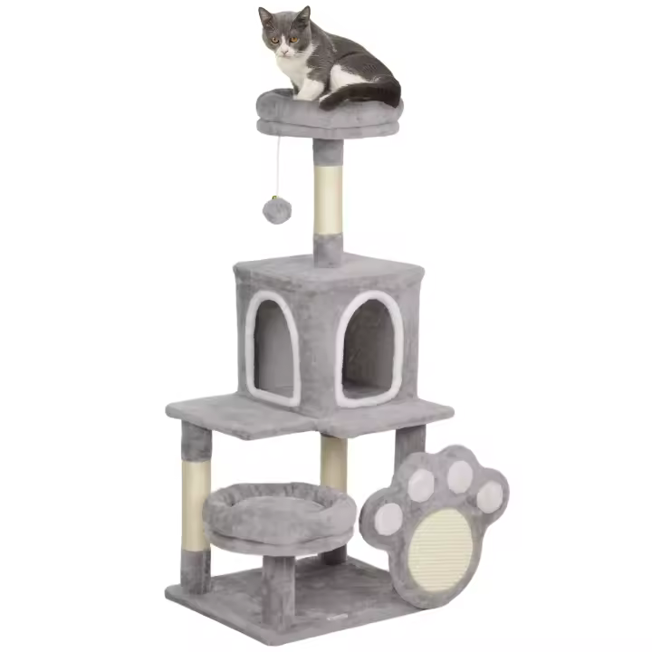 PawHut Árbol Rascador para Gatos 110 cm Árbol para Gatos Torre para Gatos con Nidos Cueva Plataforma Almohadilla de Rascado Bola Colgante Gris Claro - 1