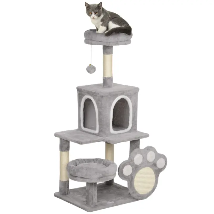 PawHut Árbol Rascador para Gatos 110 cm Árbol para Gatos Torre para Gatos con Nidos Cueva Plataforma Almohadilla de Rascado Bola Colgante Gris Claro - 1