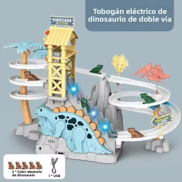 Juguete Educativo Eléctrico Para Niños Dinosaurio Con Carril De Dos Vías Slide Y Escalera De Adventure Carro De Rail Musica Para Regalo - 1