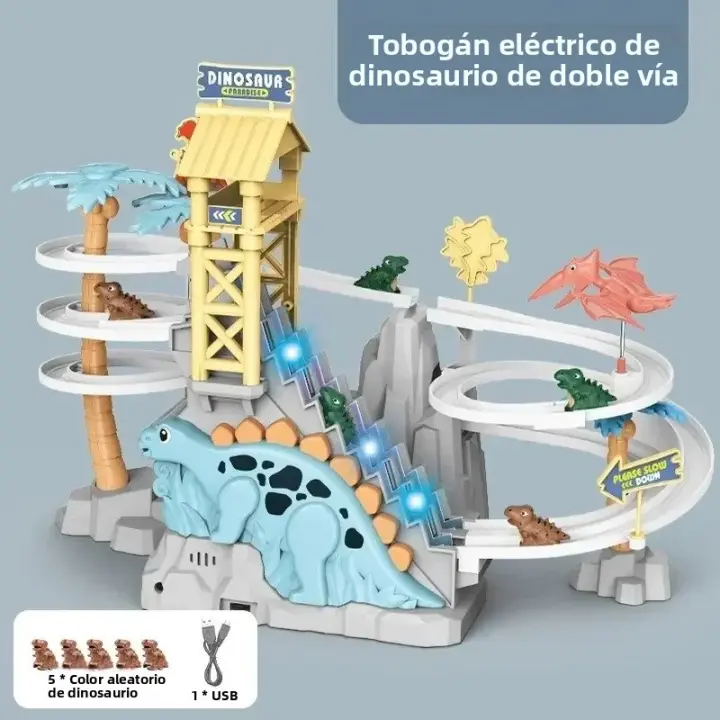 Juguete Educativo Eléctrico Para Niños Dinosaurio Con Carril De Dos Vías Slide Y Escalera De Adventure Carro De Rail Musica Para Regalo - 1