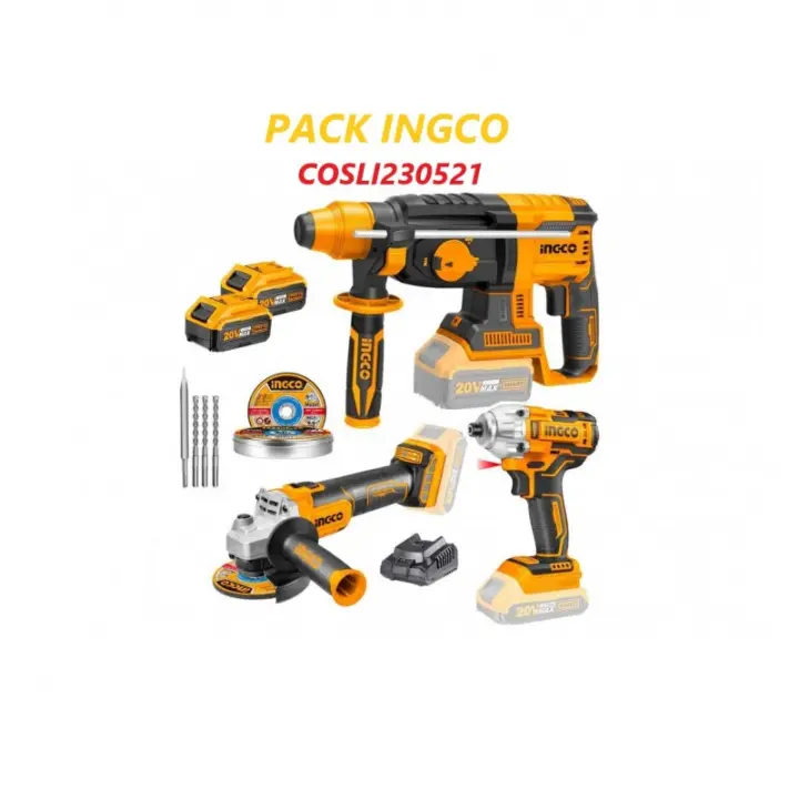 PACK 3pcs INGCO COSLI230521 - AMOLADORA + MARTILLO COMBINADO + IMPACTO + 2 BAT 4AH - Envío desde España en 24h. - 1