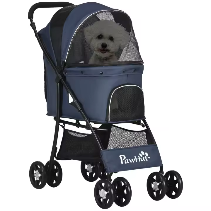 PawHut cochecito para perros, cochecito plegable para perros, carro para perrosCon cojín, cochecito para gatos, cochecito para gatos con 4 ruedas, ventana de malla, espacio de almacenamiento para perros pequeños, gatos, Oxford 600D, azul marino - 1