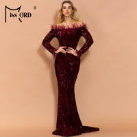 Vestido Elegante De Noche Para Mujer Missord Con Hombros Descubiertos Y Plumas Negro Con Lentejuelas Traje De Baño Fiesta Bodas Silueta De Sirena Ajustado - details 8