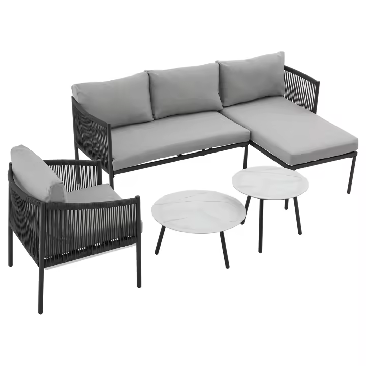 Juego de muebles de Jardín, sofá de Esquina + asiento individual + 2 mesas de café, tubo de Maple galvanizado, tablero de Vidrio lacado de Mármol, Artesanía de Cuerda trenzada, adecuado para Uso al aire libre de la Casa, Gris - 1