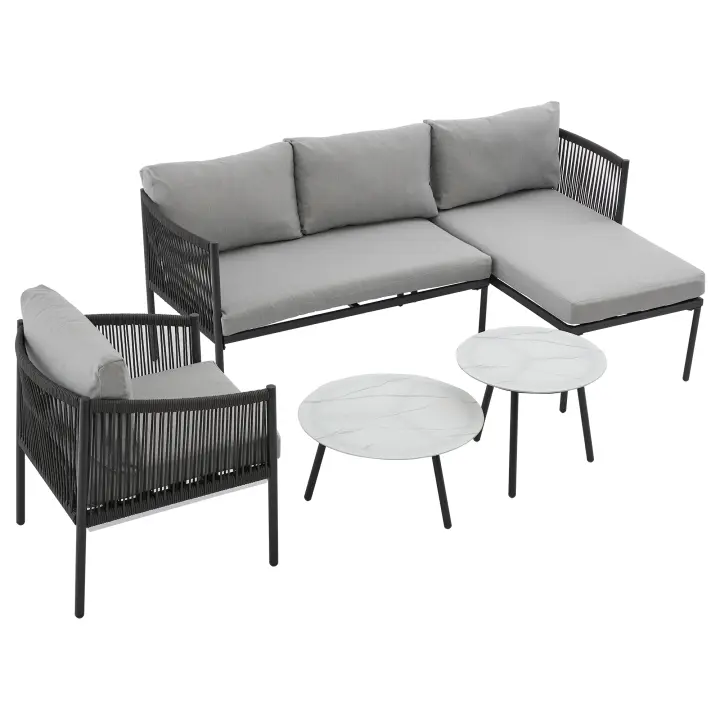 Juego de muebles de Jardín, sofá de Esquina + asiento individual + 2 mesas de café, tubo de Maple galvanizado, tablero de Vidrio lacado de Mármol, Artesanía de Cuerda trenzada, adecuado para Uso al aire libre de la Casa, Gris - 1