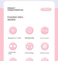Bonitos auriculares inalámbricos Cat Ears con luz de flash, tarjeta TF, conector de 3,5 mm, micrófono con cancelación de ruido, control de volumen, cable desmontable, conectividad inalámbrica, compatibles con tabletas, batería recargable de polímero de li - details 3