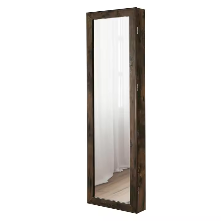 Espejo joyero con armario y luz led, montaje en puerta o pared, con cerradura, 2 cajones, organizador elegante de joyería en gris o marrón rústico, perfecto para dormitorio y habitación - 1