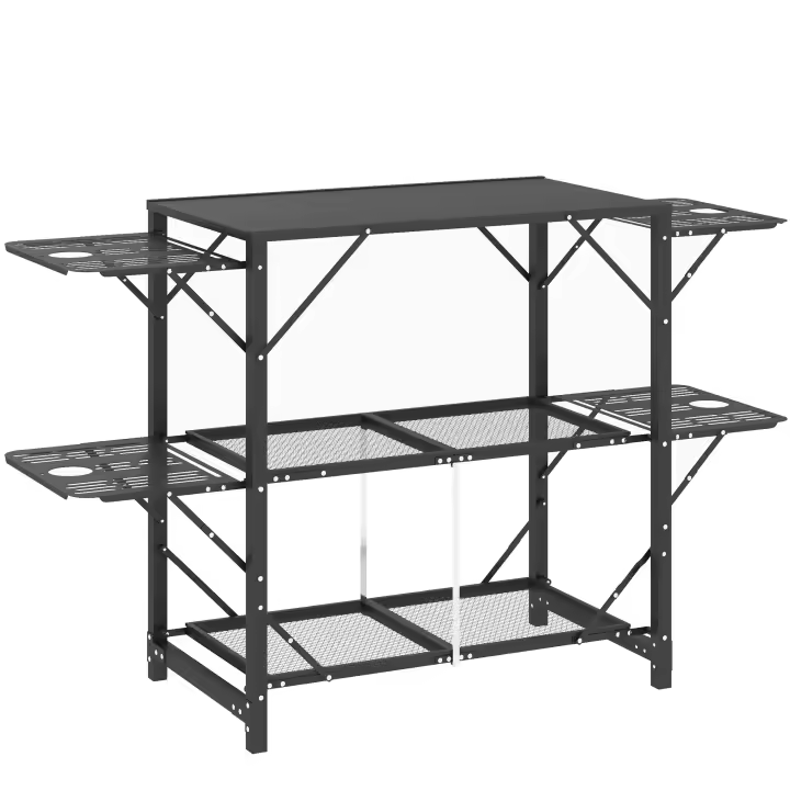 Outsunny Mesa de Camping Mesa de Cocina Plegable para Camping con 2 Estantes 4 Mesas Auxiliares Mesa de Picnic con Portavasos Bolsa para Barbacoa Metal Negro - 1