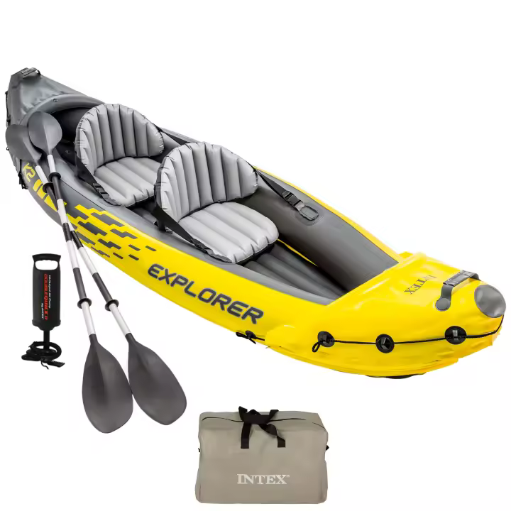INTEX - Kayak hinchable para 2 personas, máx. 180 kg, con remos e hinchador, asiento, respaldo y suelo hinchables, cuerda de sujeción, asas en los extremos, con bolsa transporte, fácil de almacenar y transportar, kayaks hinchables dobles - 1