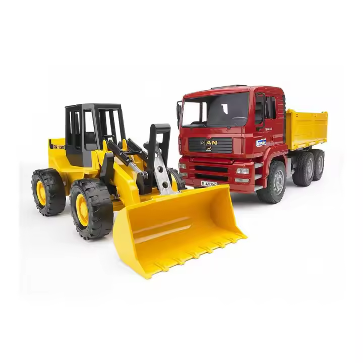 Bruder MAN TGA FR 130 - Camión Volquete y Cargador de Ruedas - Descarga en Tres Direcciones - 1