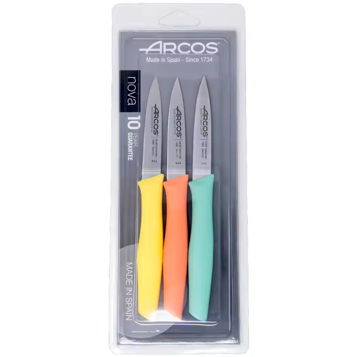 ARCOS Nova - Set de 3 Cuchillos Mondadores (85 mm) - Colores Pastel - Hoja Lisa de Acero Inoxidable Nitrum® - Mango de Polipropileno (PP) - 1
