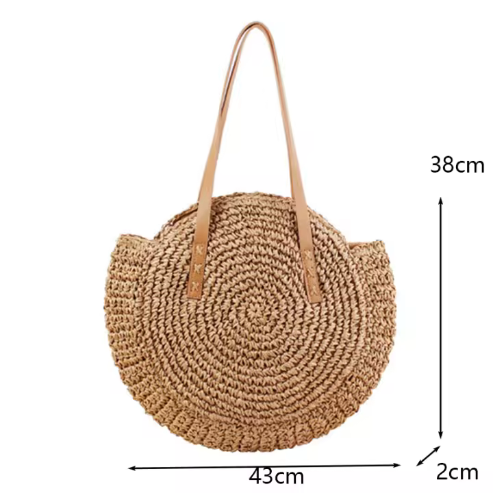 Bolso de hombro de paja hecho a mano vintage Bohemian Round Beach Bag Summer Casual Rattan Circle Rafia Bag for Women - 1