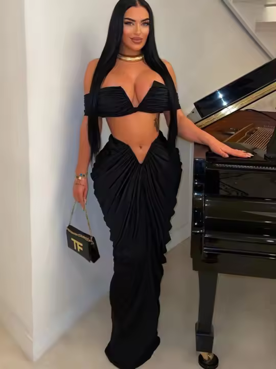 Conjunto De Dos Piezas Para Mujer Beyprern: Vestido Largo Y Falda Alta Con Cintura Alta Y Top Sin Mangas Estilo Sexy Para Club Noche - 1