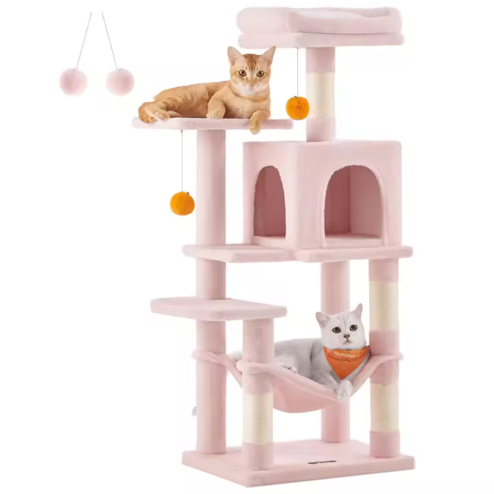 Árbol para Gatos Multinivel de 112 cm - Torre con Postes Rascadores, Plataformas, Cueva, Hamaca y Pompones, Tela de Felpa, Colores Blanco Crema y Rosa Caramelo - 1