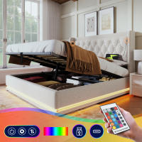 Cama Doble Tapizada en Algodón Beige 180x200 cm | Cama Hidráulica with Espacio de Almacenamiento | Cabecero with Cargas USB Typo-C | Iluminación LED en Tres Lados | Sin Colchón Includo | Diseño Moderno para Habitación principal - details 1