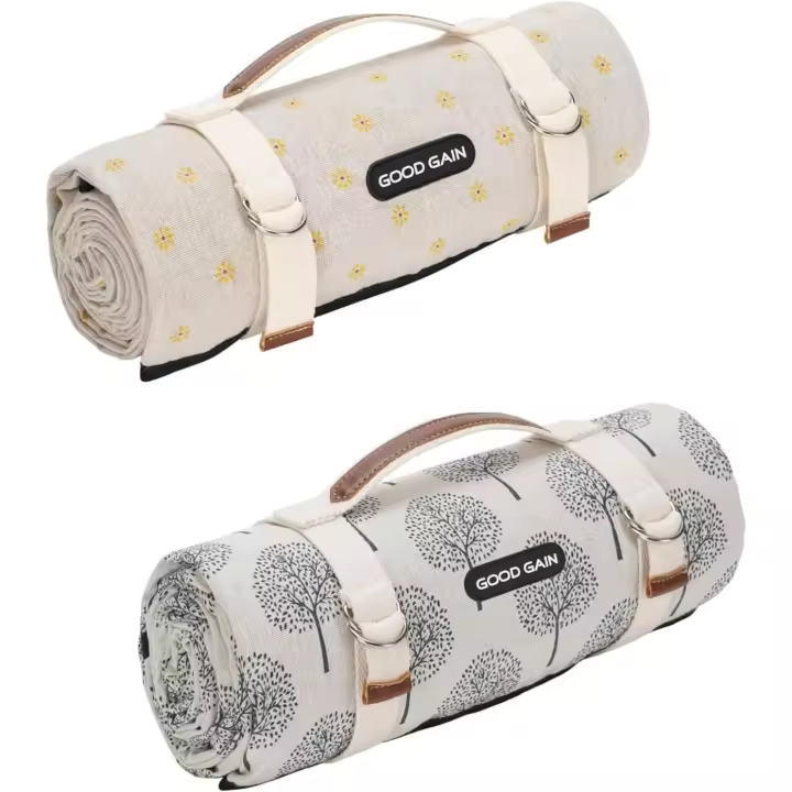 Mantas de picnic extra grandes para Exterior con Correa de Transporte, Esterilla de camping portátil de gran tamaño de 78 "x 57", resistente a Agua y a la Arena, esterilla de Playa para Exterior (Flor Negra, Flor Amarilla) - 1