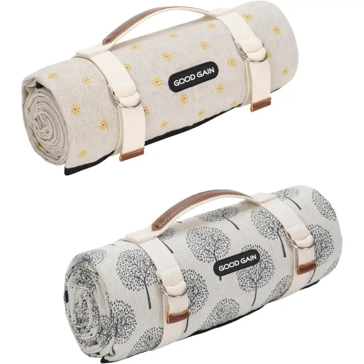 Mantas de picnic extra grandes para Exterior con Correa de Transporte, Esterilla de camping portátil de gran tamaño de 78 "x 57", resistente a Agua y a la Arena, esterilla de Playa para Exterior (Flor Negra, Flor Amarilla) - 1
