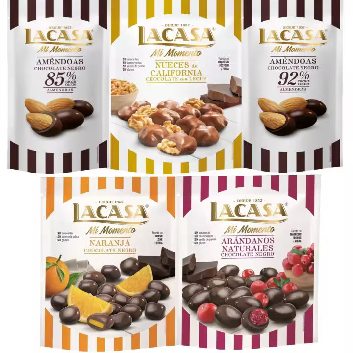 Lacasa Mi Momento pack de 5:Almendra 92% ,Almendra 85% ,Arándano Chocolate Negro ,Nueces Chocolate Leche ,Naranja Chocolate Negro - 1