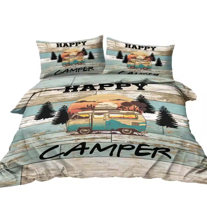 Juego De Cama 3 Piezas Con Patrón De Autobús De Camping Y Madera Gris Perla Suave Y Ligero Funda De Edredón Microfibra Sábana Y Fundas De Almohada - 1