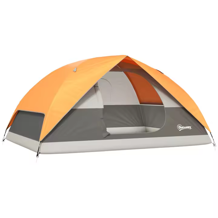 Outsunny Tienda de Campaña para 2-4 Personas Tienda de Camping Plegable con Puerta Ventana de Malla Bolsillos Gancho y Bolsa de Transporte Impermeable Fácil Instalación para Senderismo Naranja y Gris - 1