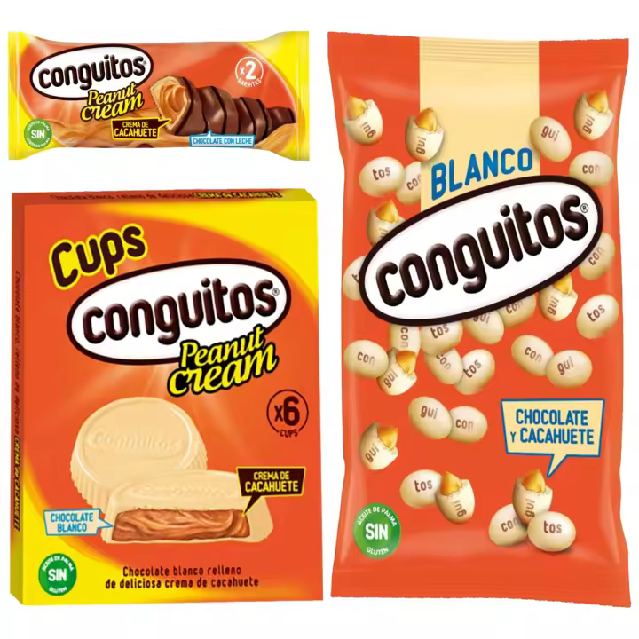 Pack Conguitos blanco bolsa 1kg, barrita peanut cream duo 46g,cups blanco pack 3x34g - 1