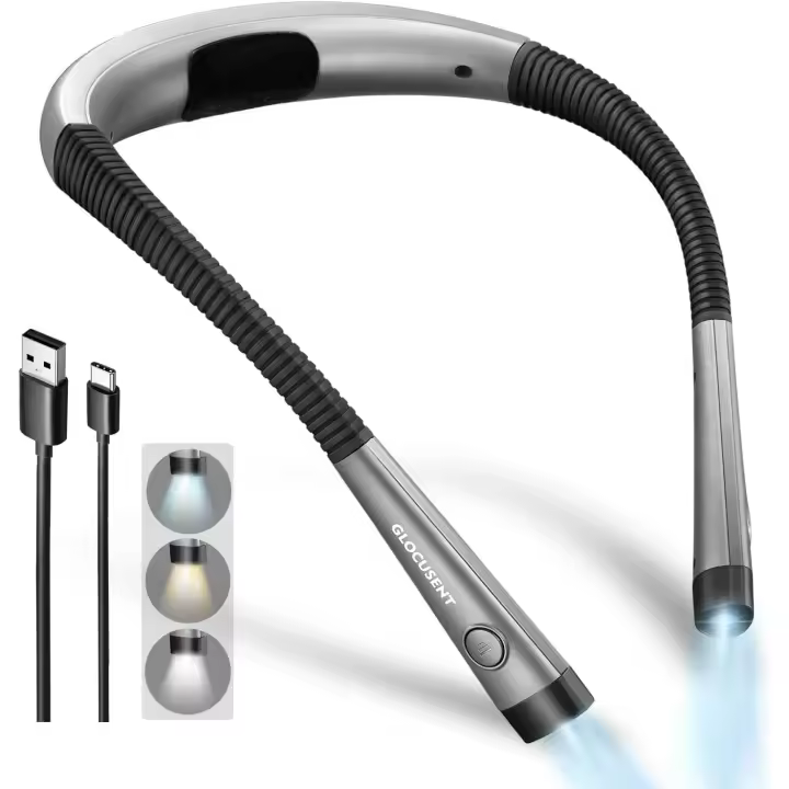 Lámpara LED para cuello, luces de lectura para libros en la cama, lámpara de lectura con 3 colores, 3 niveles de brillo, brazos flexibles, recargable, gris - 1