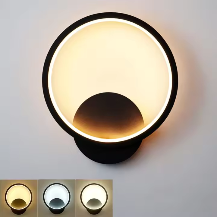 Aplique de pared LED para interiores de 12 W, lámpara de pared de diseño redondo negro, blanco cálido, blanco natural, blanco frío, tres modos de iluminación, lámpara de pared RA≥85 para dormitorio, sala de estar, escalera, pasillo [Clase energética E] - 1