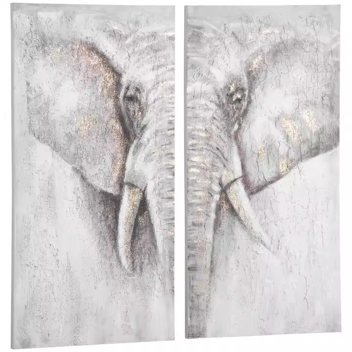 HOMCOM Cuadros de Pared Juego de 2 Cuadros Pintados a Mano de Lino Decoración de Pared Lienzo Pintado a Mano 'Elefante' Salón Familiar Cuadro en Lienzo Madera de Pino 120 x 120 x 2,8 cm - 1