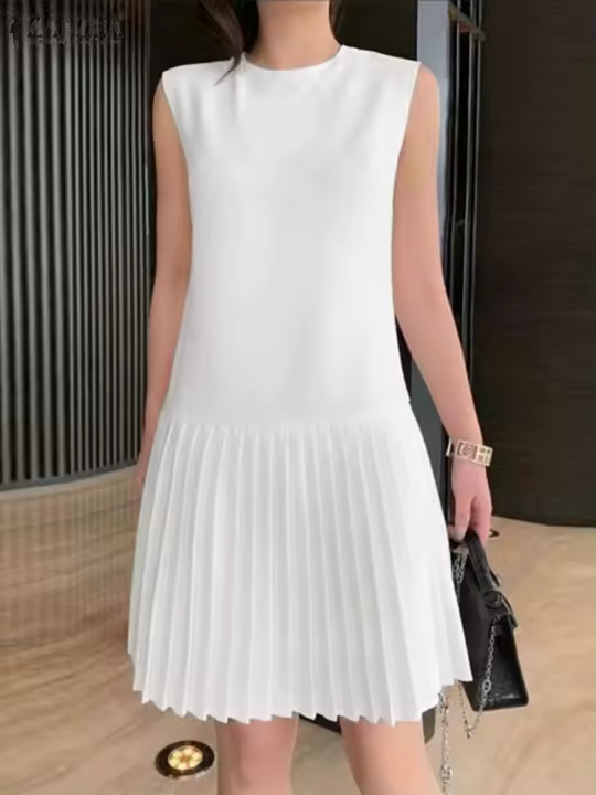 Vestido Mini Sin Mangas Para Mujer ZANZEA Elegante Y Casual De Verano Estilo Suelto Con Pliegues Y Cuello En V Vestido De Fiesta Para Vacaciones - 1
