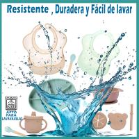 Vajilla de Silicona para Bebé CALU, Set Completo de Comida Antideslizante Para Niños, Juego de Loza Libre de BPA, Platos con ventosa, Cubiertos de Silicona y Bambú, Vasos con Tres Tapas para Usos Diferentes, Chupete para Frutas, Cuchara de Inicio y Babero - details 0