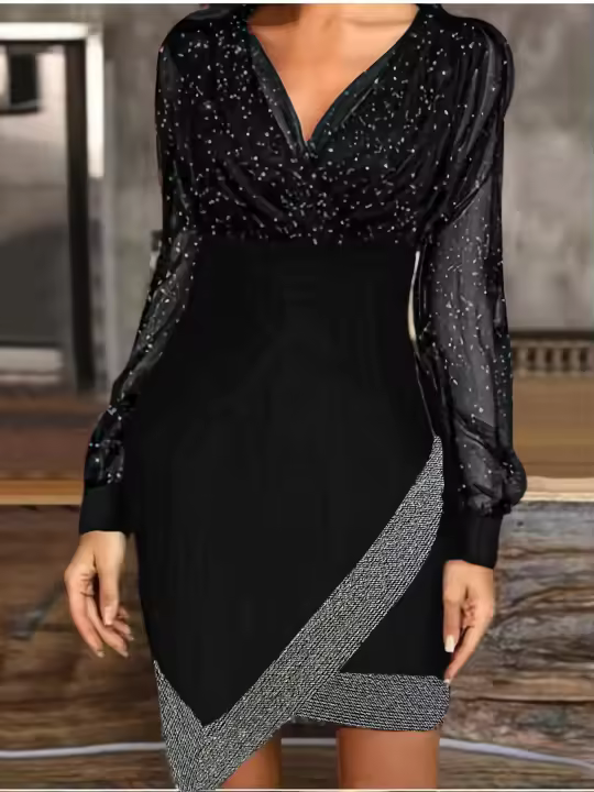 Nuevo 2024 Vestido Largo Elegante Con Cuello V Y Sequinias Patchwork Malla Sensual Destaca El Encanto Feminino Estilo Casual Longitud De Rodilla Polyester - 1