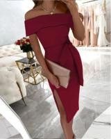 Vestido De Mujer Elegante De Verano Largo Hasta La Rodilla En Color Sólido Con Cuello En Línea Sola Y Abertura Regular - details 4