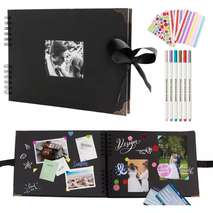 Scrapbook, 80 Páginas  Fotos para Pegar y Escribir con 6 Bolígrafos Metálicos y 6 Pegatinas  para Pegar Fotos para Aniversario Bebé, Cumpleaños, Graduación 29 x 21.5cm - 1
