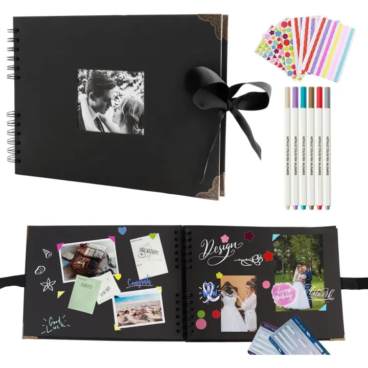 Scrapbook, 80 Páginas  Fotos para Pegar y Escribir con 6 Bolígrafos Metálicos y 6 Pegatinas  para Pegar Fotos para Aniversario Bebé, Cumpleaños, Graduación 29 x 21.5cm - 1