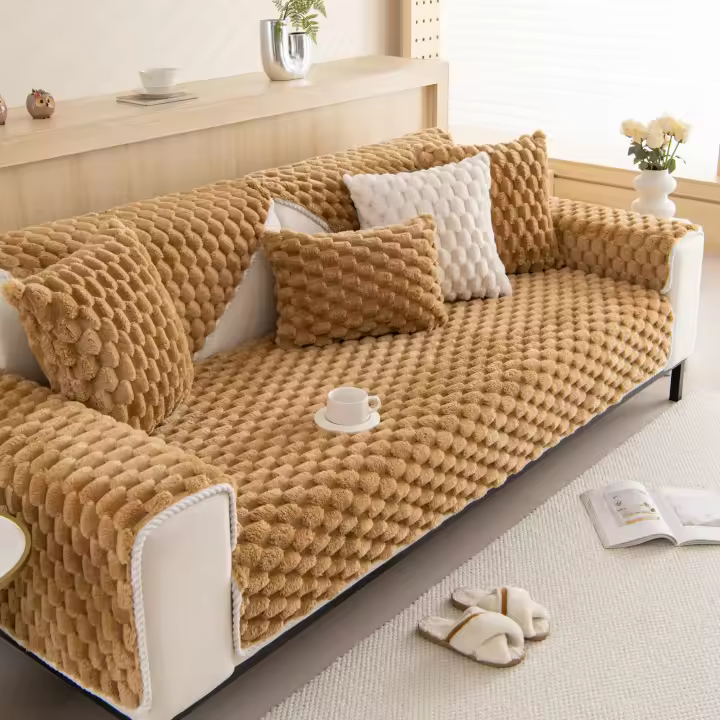 Cubierta De Sofá Gruesa Y Suave De Felpa Artificial Con Diseño De Encaje Diamante Funda Protectora Para Hogar Cojín De Asiento Para Sofá En Poliéster 100% - 1
