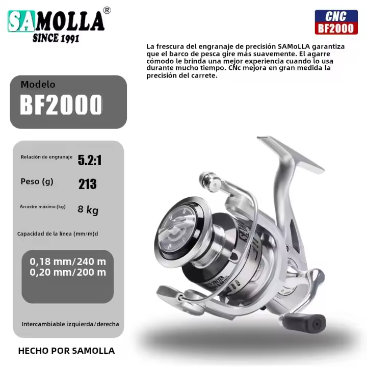 Samolla Carrete De Pesca Para Agua Salada Con Arrastre Máx 12kg 6+1 Rodamientos De Esferas Ratio De Engranajes 5.2:1 Spinning Metal Spool 1000-7000 - 1