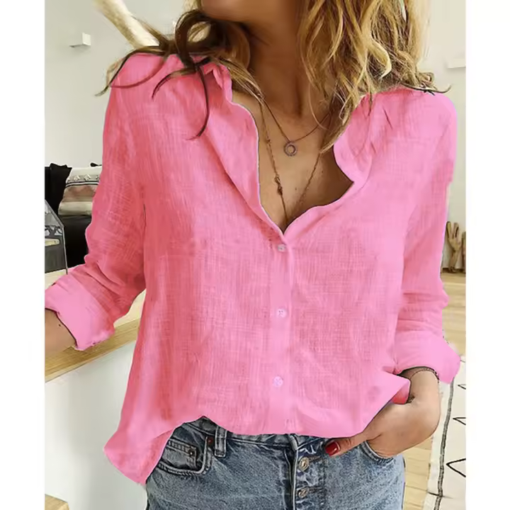 Camisa Blanca Amarilla De Algodón Lino Para Mujer Cuello Botones Manga Larga Suelta Oversize Blusa De Otoño Deportiva Yoga - 1