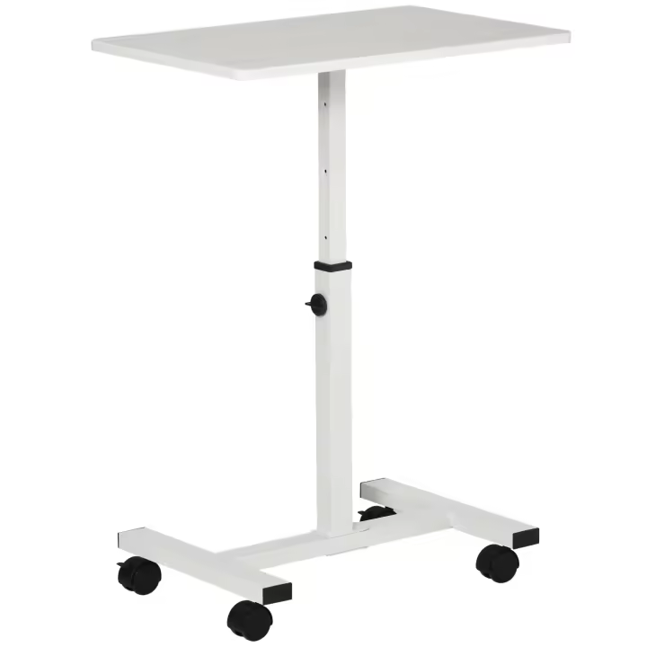 HOMCOM Mesa Auxiliar con Ruedas Mesita Lateral para Sofá Cama con Altura Ajustable Marco de Metal y Frenos para Dormitorio Salón 60x40x52,5-84 cm Blanco - 1