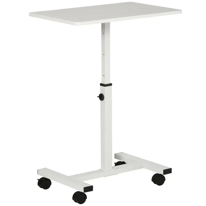 HOMCOM Mesa Auxiliar con Ruedas Mesita Lateral para Sofá Cama con Altura Ajustable Marco de Metal y Frenos para Dormitorio Salón 60x40x52,5-84 cm Blanco - 1