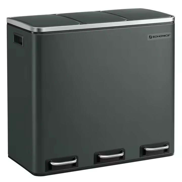 SONGMICS Cubo de Basura para Cocina, 3 x 18 L, 3 Compartimentos para Reciclaje, Residuos, Restos de Comida, Tapas de Cierre suave, Pedales, Cubetas, Acero, Beige Arena/Blanco Nube/Gris Verdoso/Negro Tinta/Plata Metálico y Negro Tinta - 1