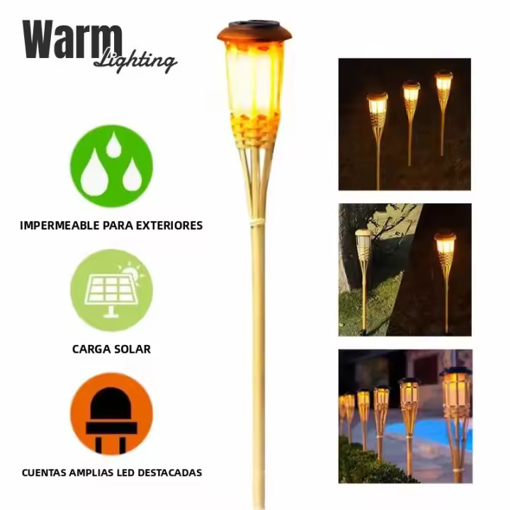 Lámpara De Jardín Solar Con Llama Automática Impermeable Para Iluminación De Camino Luz De Torcha LED De Bambú Para Exterior - 1