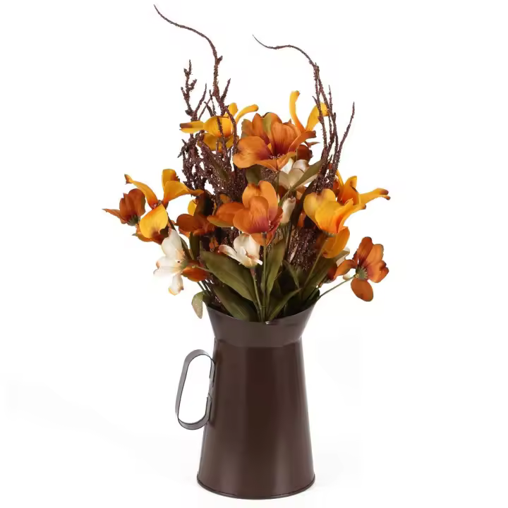 Flores artificiales de otoño con macetas de metal, centros de mesa de otoño, flores de seda artificiales, flores de otoño para interiores, jarrones, arreglos florales, centros de mesa, decoración de chimenea - 1