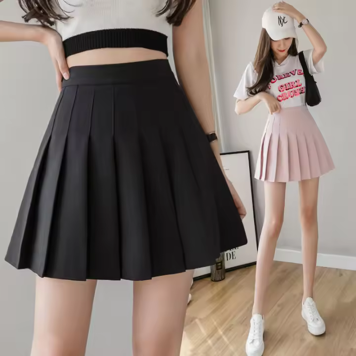 Falda Plisada Para Mujer 2024 Estilo Harajuku Color Sólido Cintura Alta Mini Falda Elegante Y Moda Tallas XS-3XL Algodón Y Spandex - 1