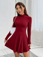 Vestido De Mujer Ajustado Con Cuello Alto Mitad A-line Falda Larga Manga Completa Rayas Vestido De Oficina Lady Cintura Empírica - details 5