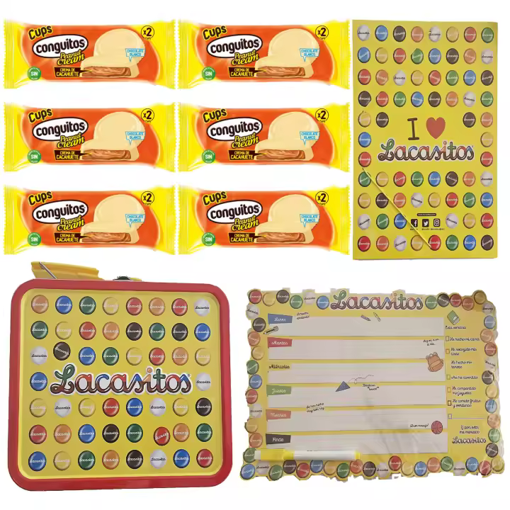 Pack escolar Lacasitos y Conguitos:6 conguitos cups blanco 34g,carpeta,planificador magnético,lata maletín - 1
