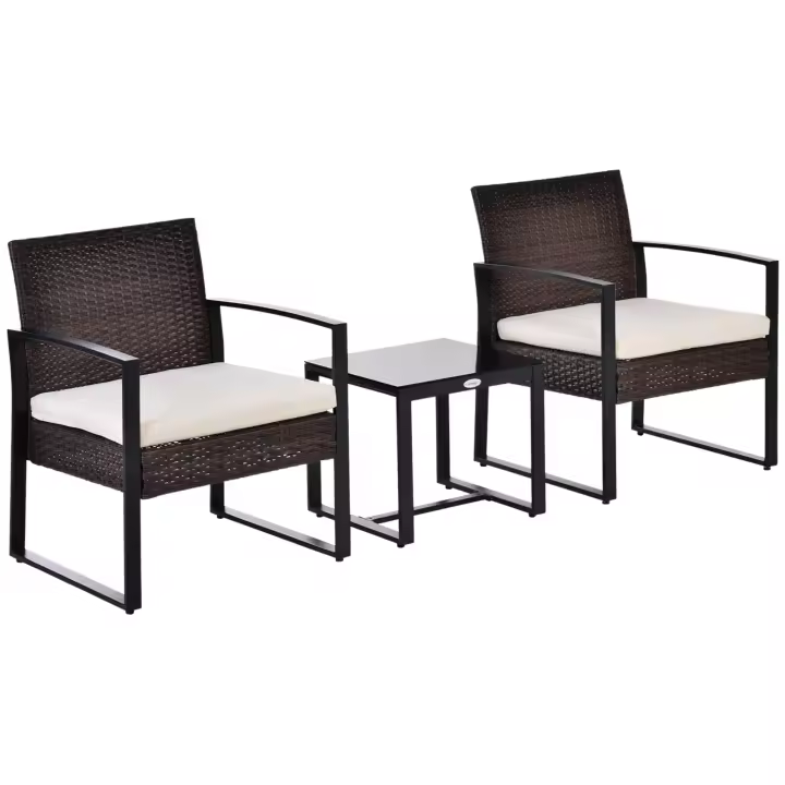 Outsunny Conjunto de Muebles de Ratán de Jardín 3 Piezas Set de Comedor con 1 Mesa 42,5x40x39 cm 2 Sillones 63x57x76 cm Cojín Acolchado para Patio Terraza Balcón - 1