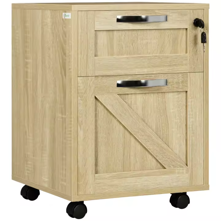 Vinsetto Cajonera de Oficina con 2 Cajones Cajonera con Ruedas Mueble Archivador Móvil con Cerradura y Carpetas Colgantes para Tamaño A4 41x42x56 cm Natural - 1